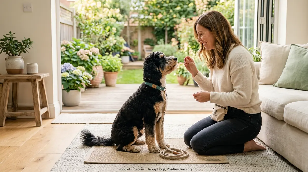 Entledoodle family training session with calm positive reinforcement in a home