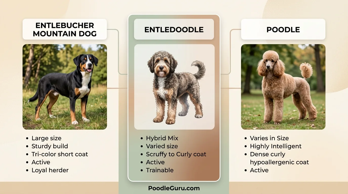Entledoodle parent breeds comparison showing Entlebucher Mountain Dog and Poodle traits