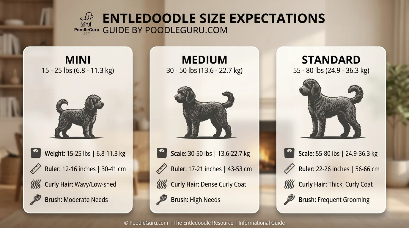 Entledoodle size and coat chart for mini medium and standard Entledoodles