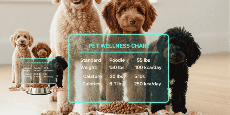 Toy, Miniature, and Standard Poodles with healthy body weights standing near a Poodle BMI and calorie tracking chart.