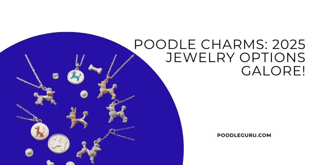 Elegant flat lay of poodle-themed jewelry charms, including gold, silver, and enamel designs, arranged on a soft pastel background with bracelets and necklaces, showcasing luxury, craftsmanship, and modern fashion style for 2025.