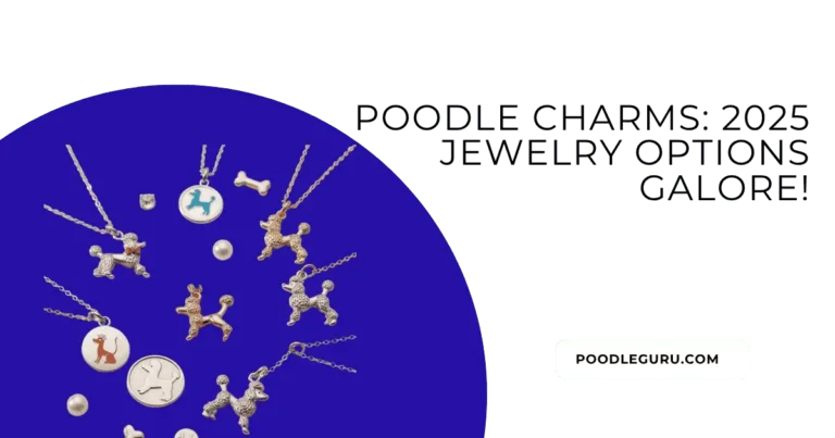 Elegant flat lay of poodle-themed jewelry charms, including gold, silver, and enamel designs, arranged on a soft pastel background with bracelets and necklaces, showcasing luxury, craftsmanship, and modern fashion style for 2025.