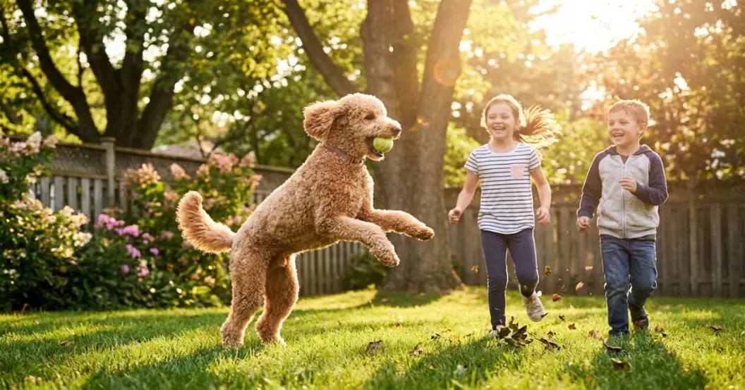 poodle playing with children in a family backyard — are poodles good family dogs