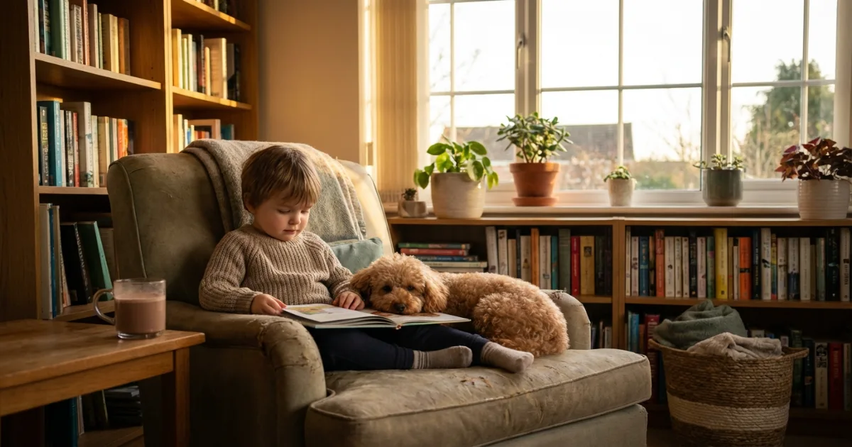 miniature poodle sitting calmly beside a child reading indoors — gentle poodle temperament with kids