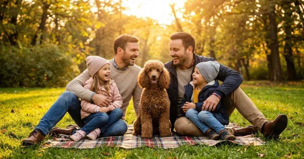 happy family with a poodle in a park — poodle as a loyal family companion dog