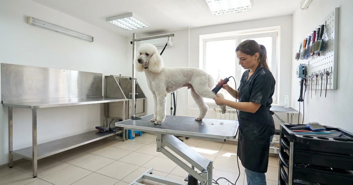 A professional groomer clipping a standard poodle — demonstrating how regular grooming reduces allergens from poodle coat type
