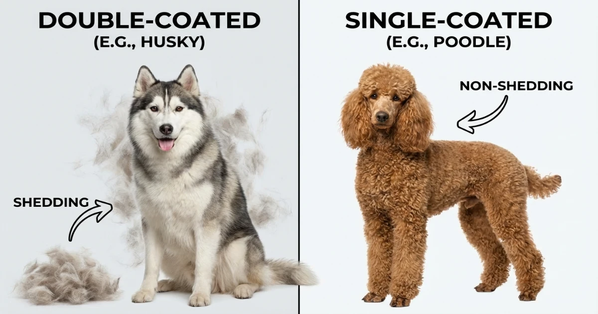 A miniature poodle sitting on a couch with no visible fur on the fabric — demonstrating the extremely low shedding of poodle coat type