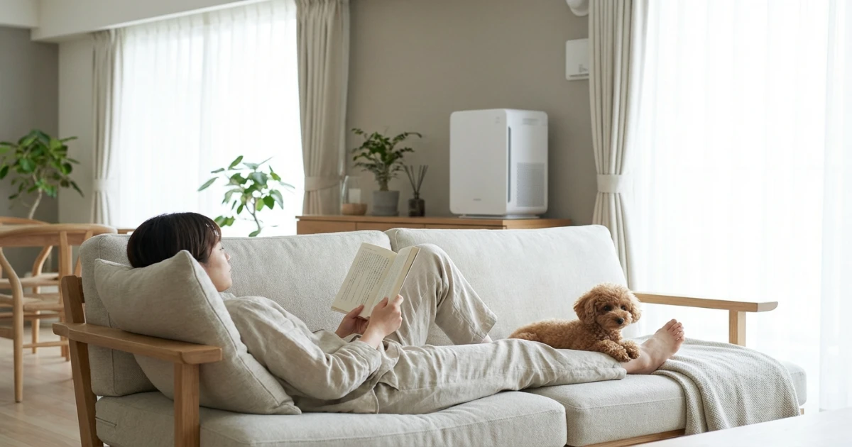 A person comfortably relaxing with a toy poodle — illustrating successful poodle allergy management through grooming and home environment control