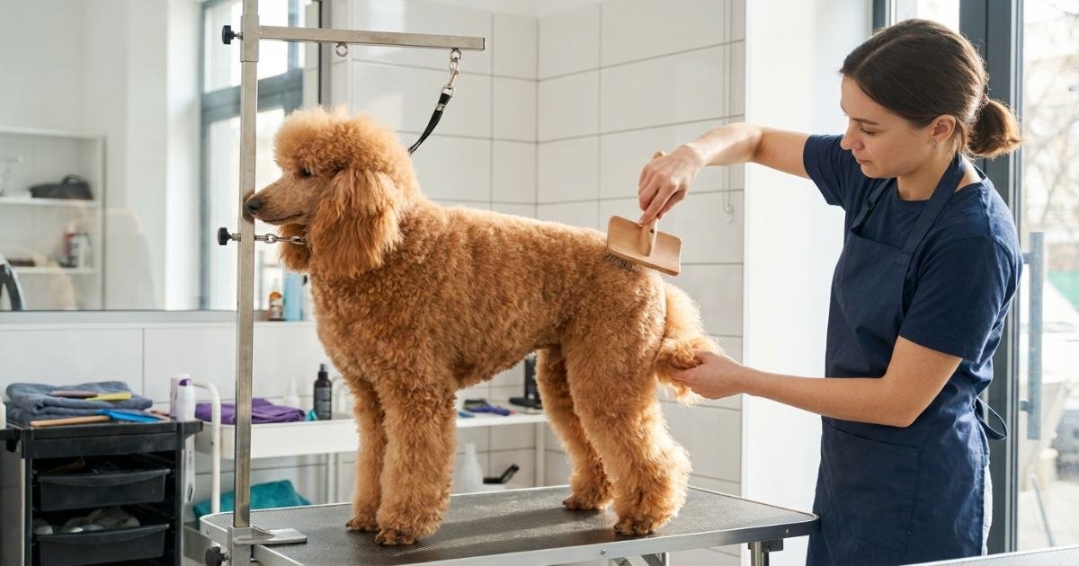 professional groomer brushing and trimming a poodle on grooming table maintaining healthy coat