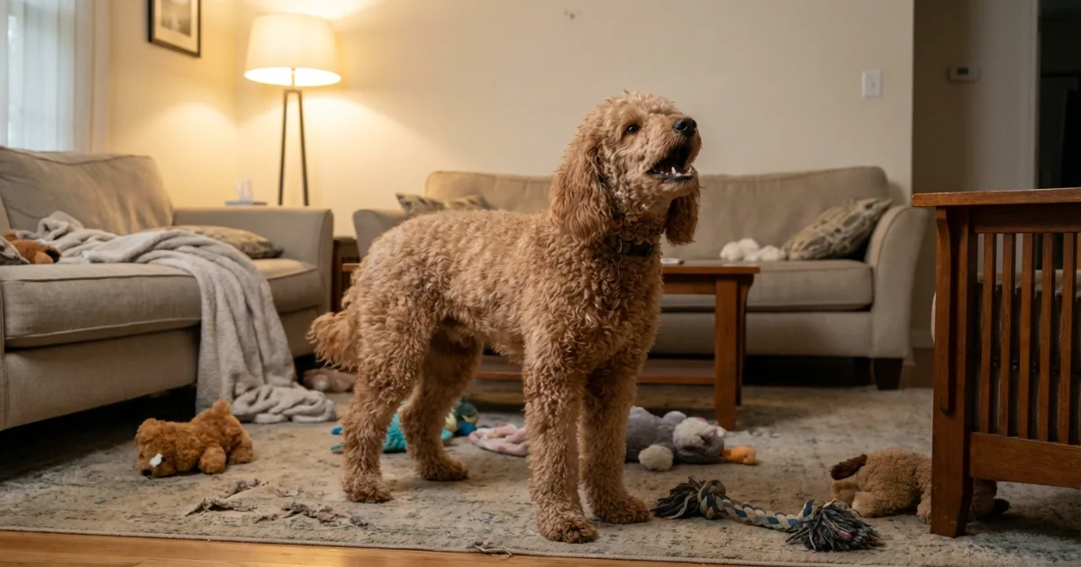 A toy poodle sitting anxiously by a front door — illustrating separation anxiety as a cause of poodle barking problems