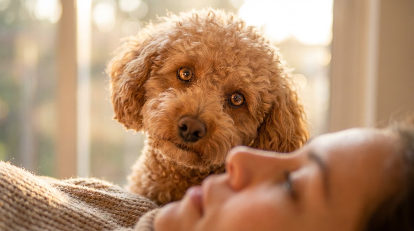 Close-up of a poodle’s expressive eyes and attentive face showing emotional intelligence and human connection