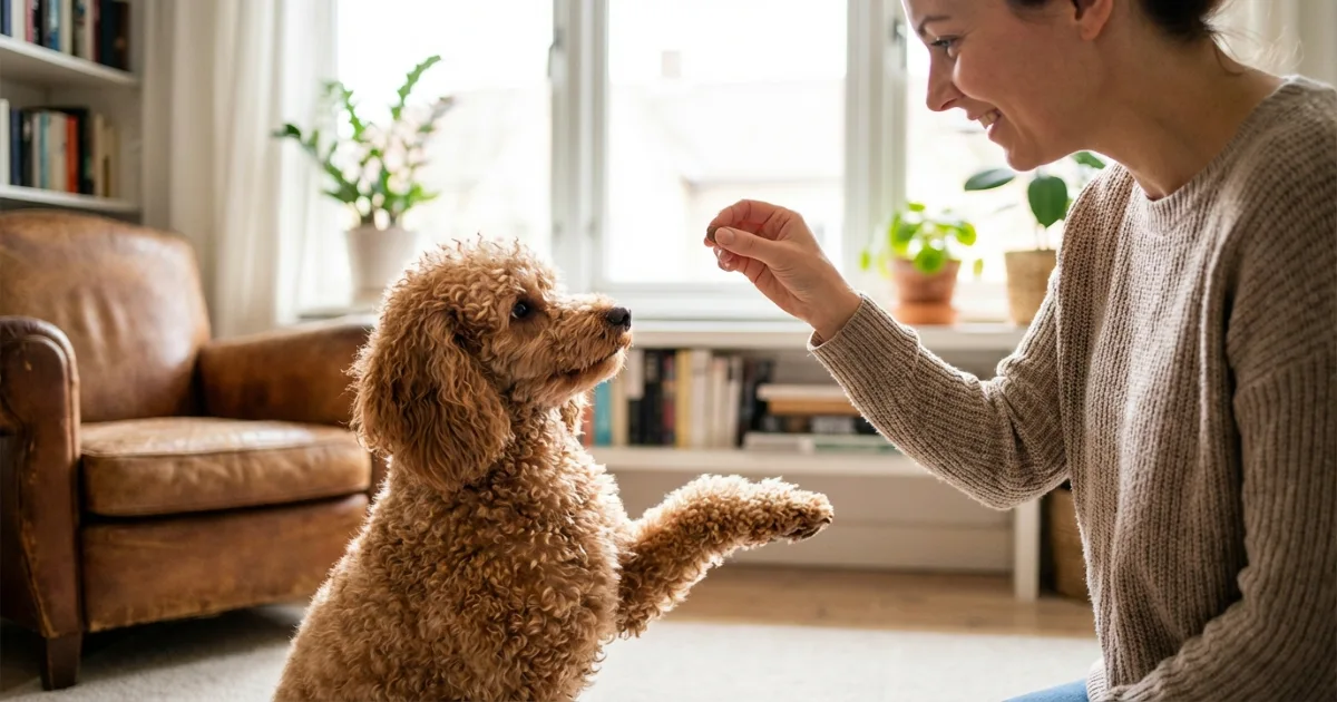 Miniature Poodle walking with owner outdoors park lifestyle image