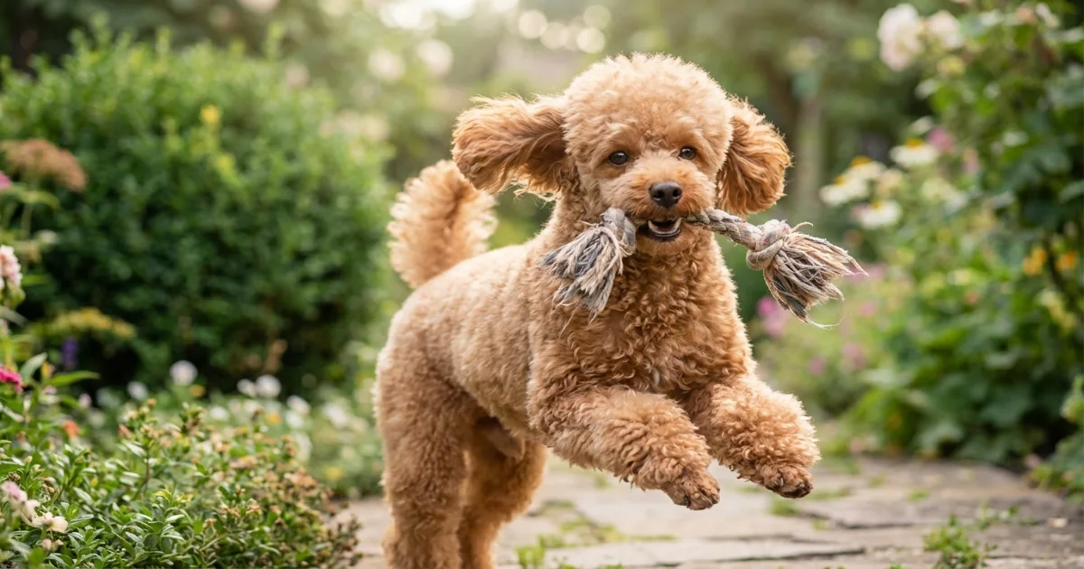 miniature poodle playing in garden showing healthy active lifestyle and lifespan vitality