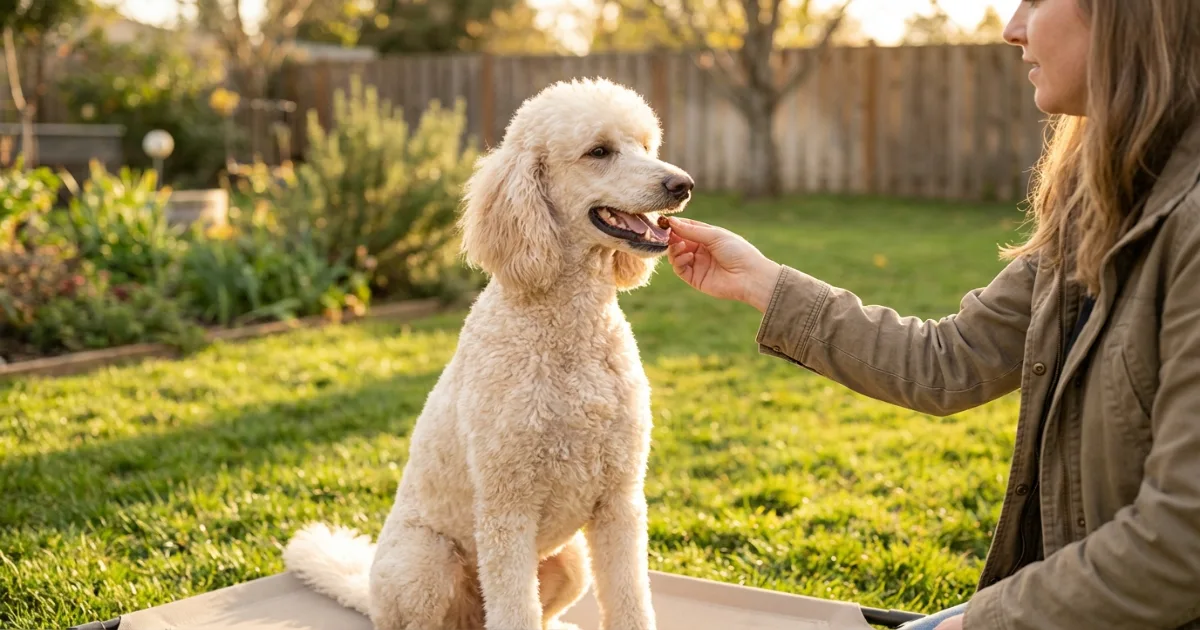 A poodle owner practicing calm obedience training outdoors using positive reinforcement — the recommended approach for all poodle barking problems