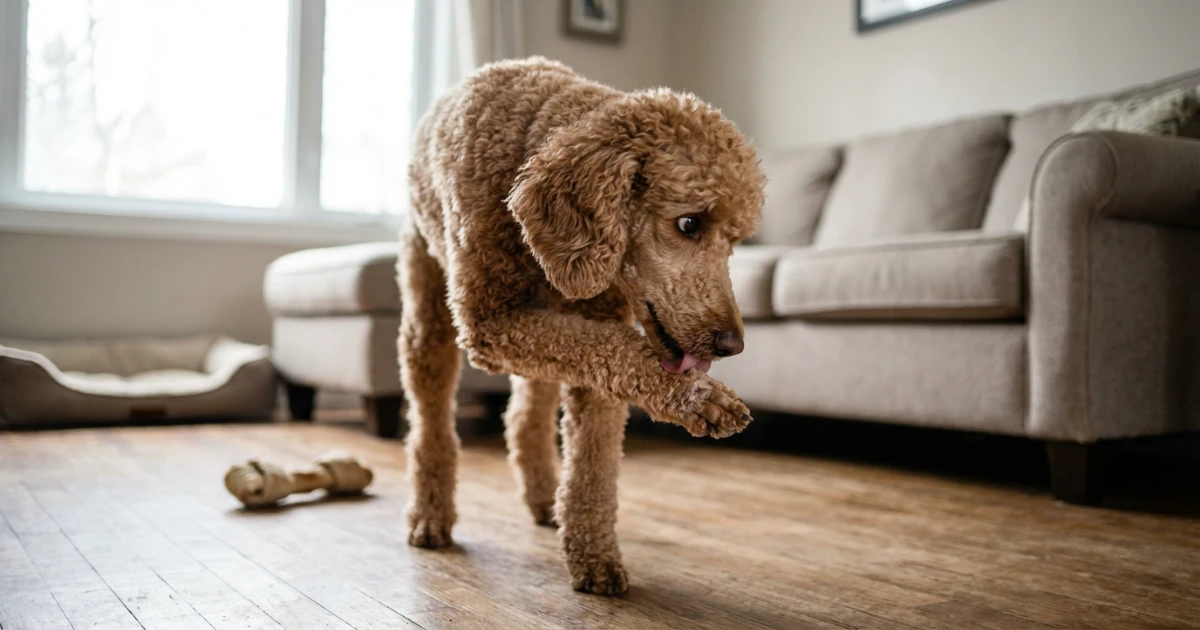 poodle licking paw showing anxiety or allergy behavior