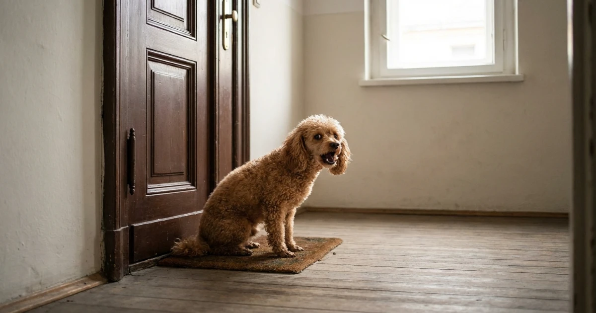 A poodle staring directly at its owner — classic attention-seeking behavior linked to poodle barking problems