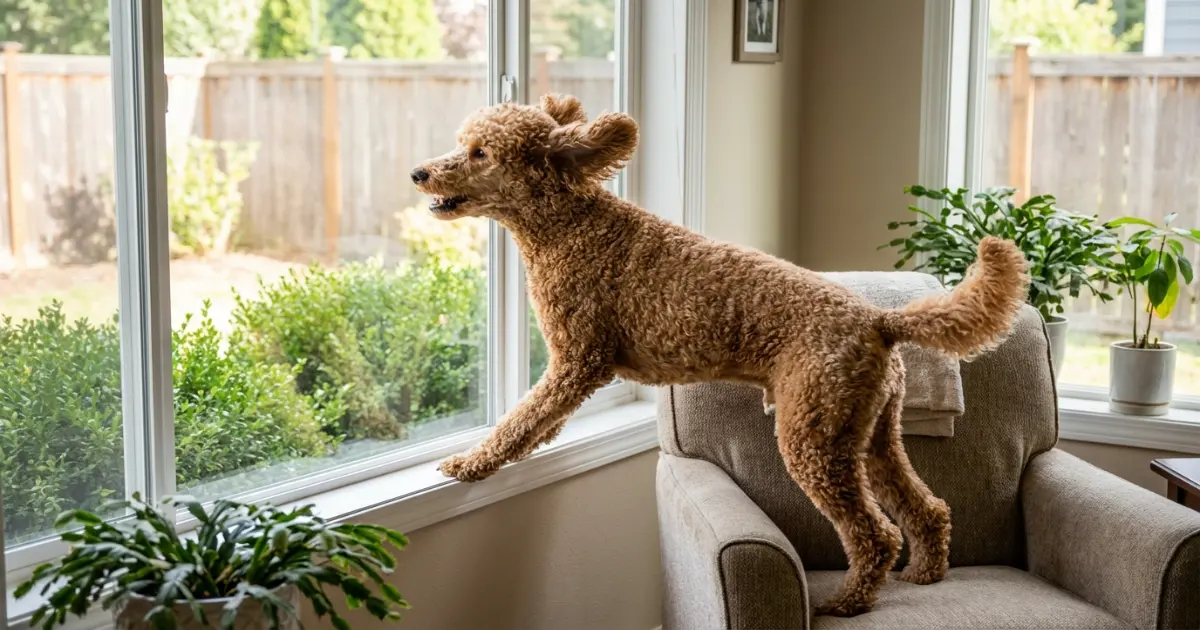 A brown standard poodle looking alert by a window — a classic trigger for poodle alert barking problems