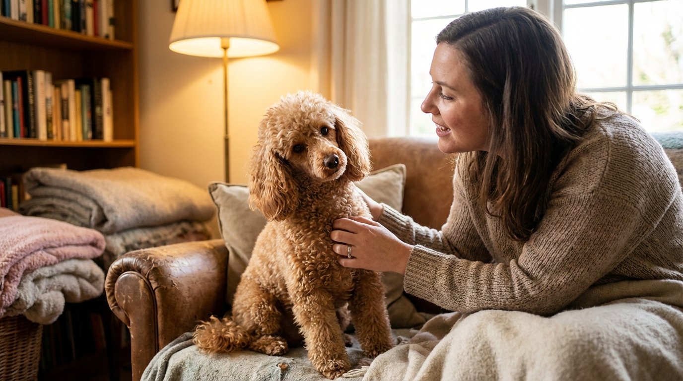 Poodle tilting its head curiously while looking at its owner showing intelligence and communication behavior