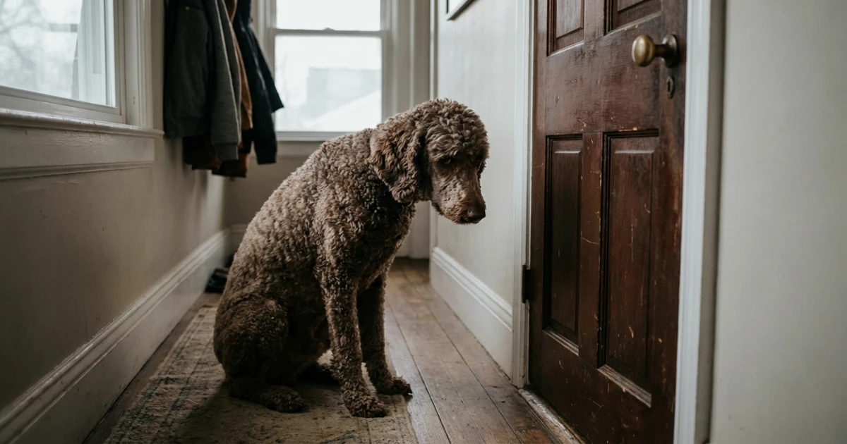 A poodle sitting close beside its owner illustrating the Velcro dog bond