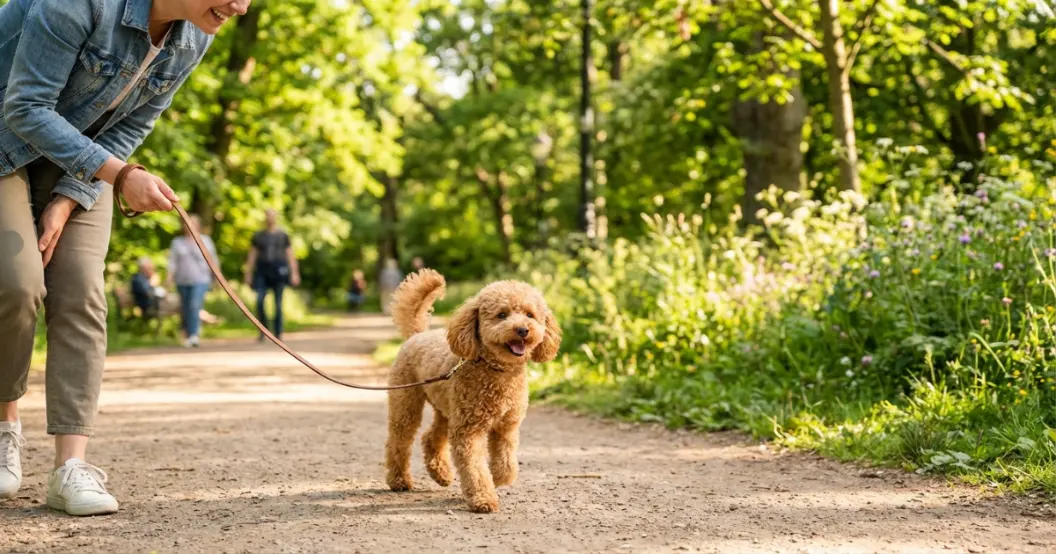 Happy Miniature Poodle running outdoors with tongue out playing