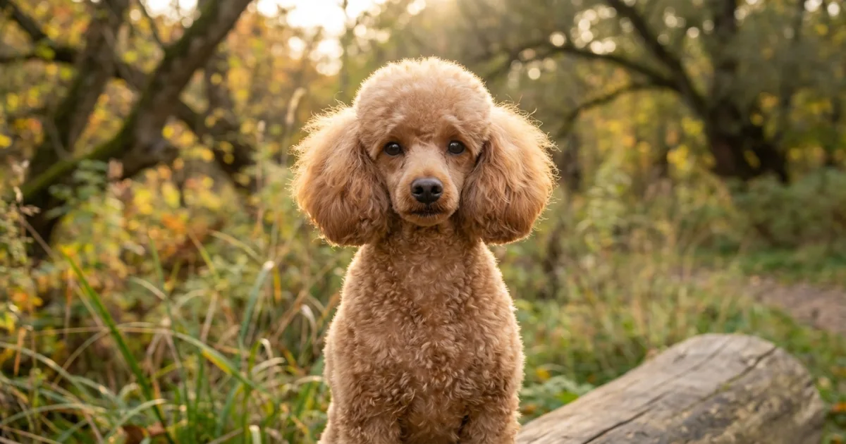 Miniature Poodle dog breed portrait with curly apricot curly coat sitting outdoors