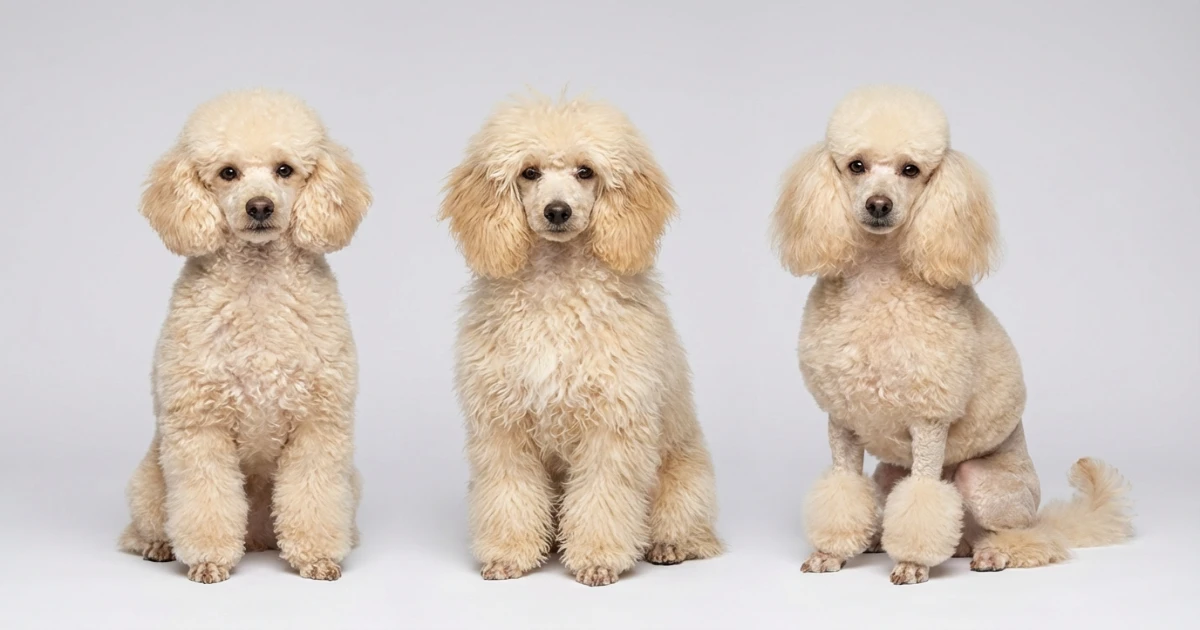 Miniature Poodle grooming styles comparison showing puppy cut teddy bear and continental clip