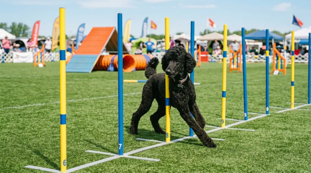 Apricot Miniature Poodle heeling through a rally obedience course