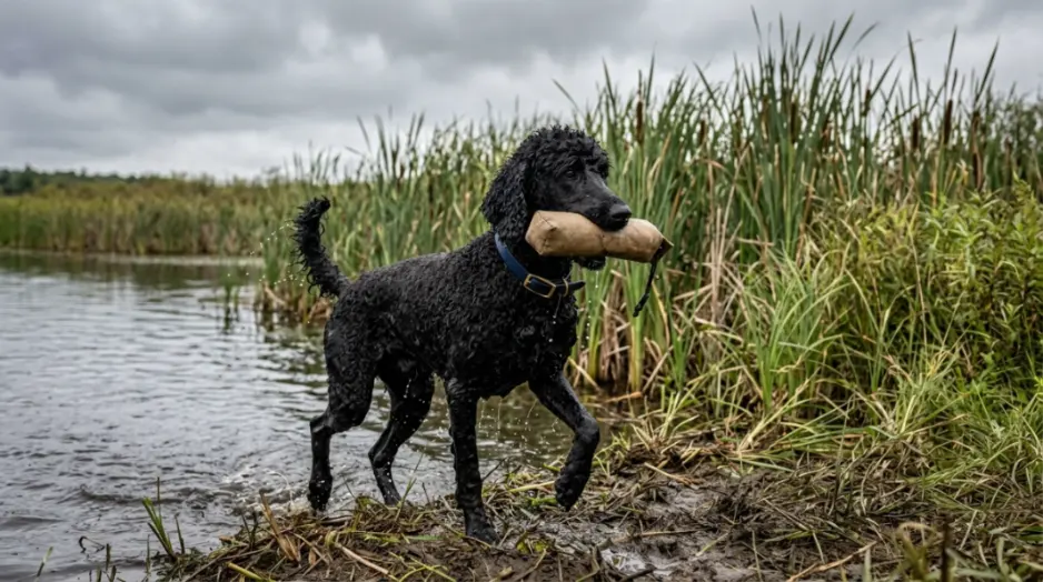 Brown Standard Poodle retrieving a bumper during a hunt test