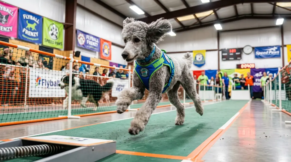 Black Standard Poodle performing a flyball box turn