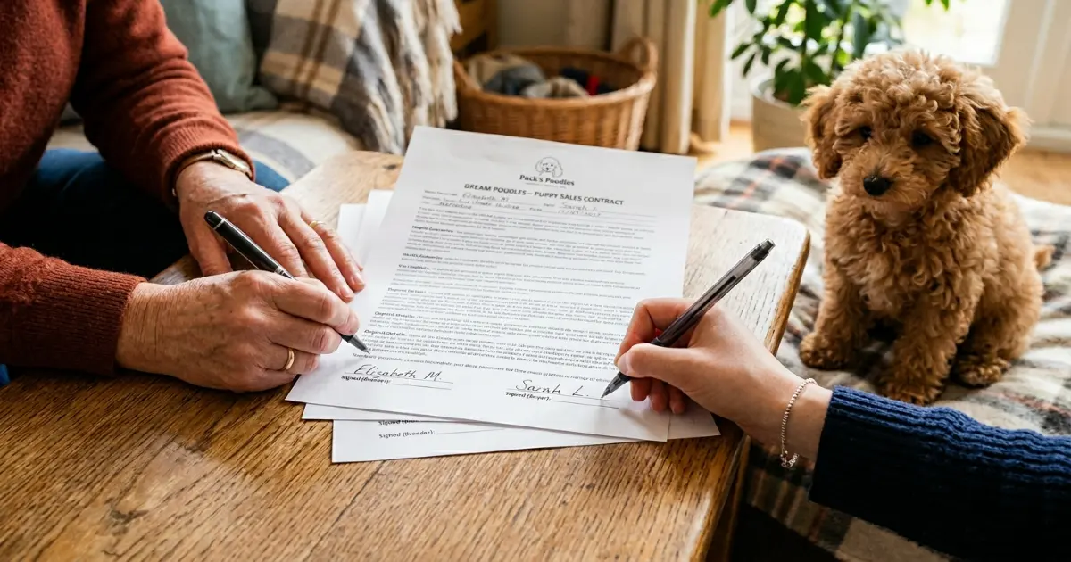 family happily holding a well-bred poodle puppy from a reputable breeder