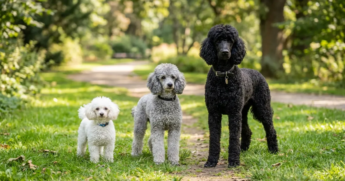 Toy Miniature and Standard Poodle standing together illustrating size differences for exercise planning