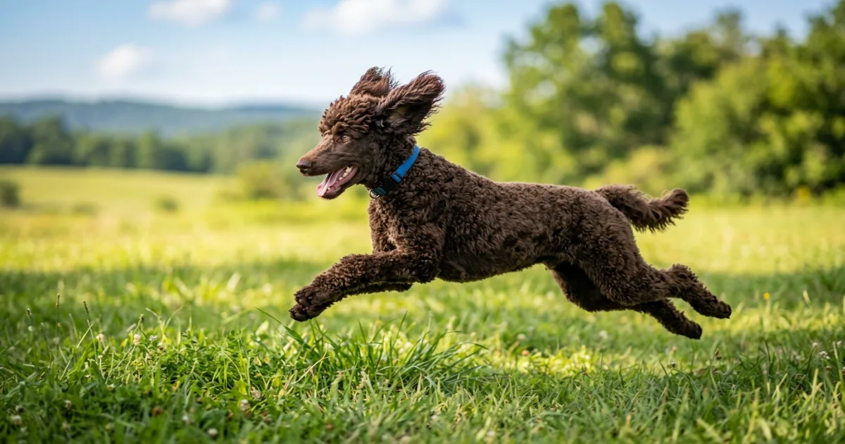 Miniature Poodle working on a puzzle feeder for mental exercise indoors
