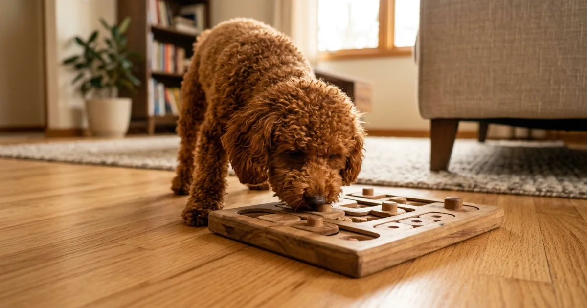 Senior Toy Poodle enjoying a slow sniffari in a grassy garden
