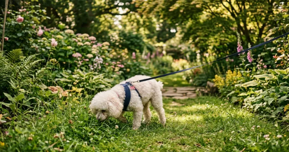 Poodle owner and Standard Poodle hiking together on a mountain trail demonstrating partnership exercise