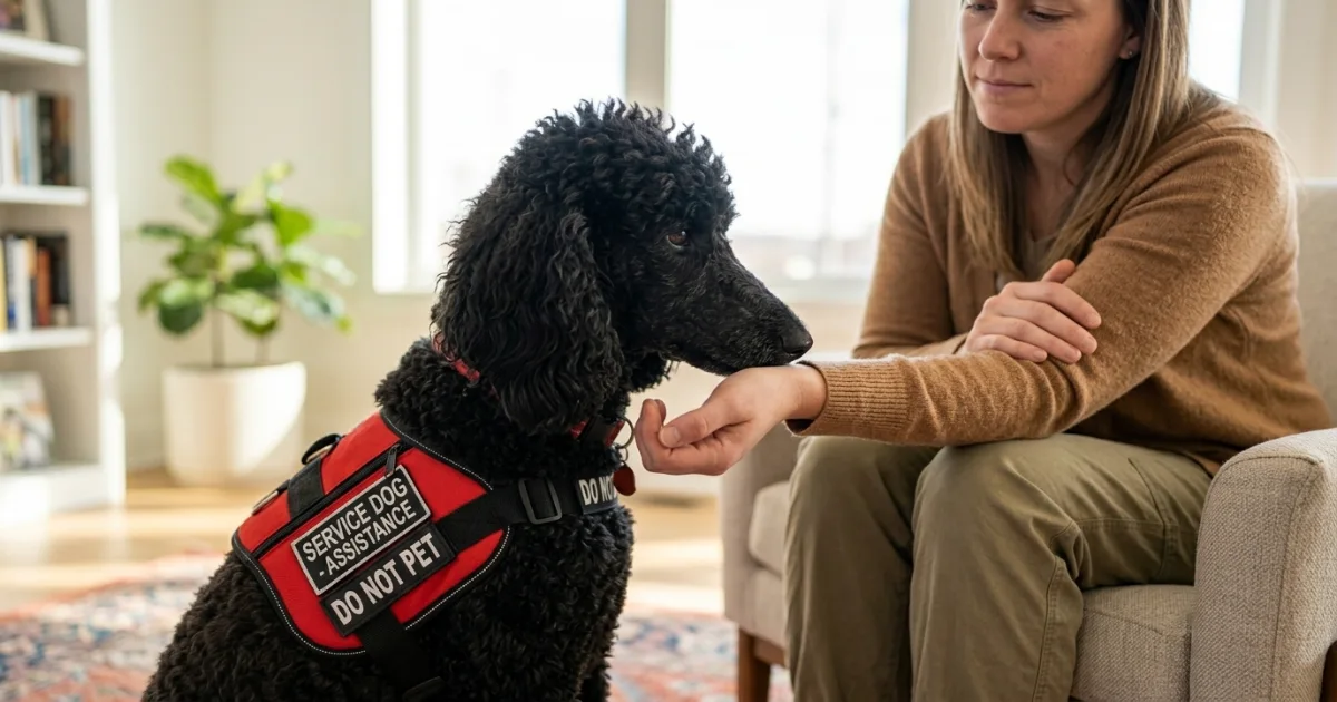 A smiling handler in a wheelchair with a cream Standard Poodle in a service vest, standing beside a trainer holding a certificate