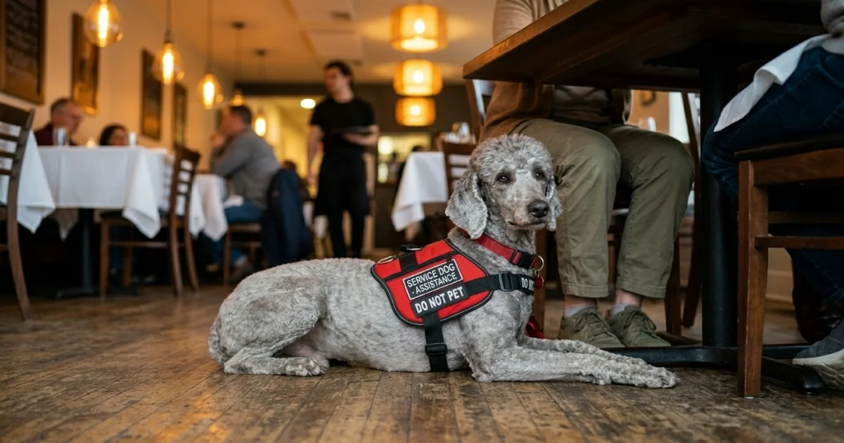 A Miniature Poodle in a service vest nudging its handler's hand during a medical alert training session