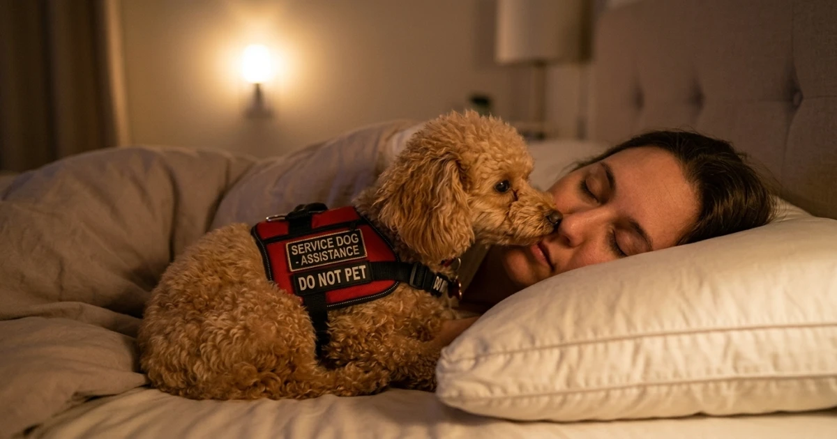 A Toy Poodle in a tiny service vest sitting on its handler's lap, intently sniffing their breath for medical alert