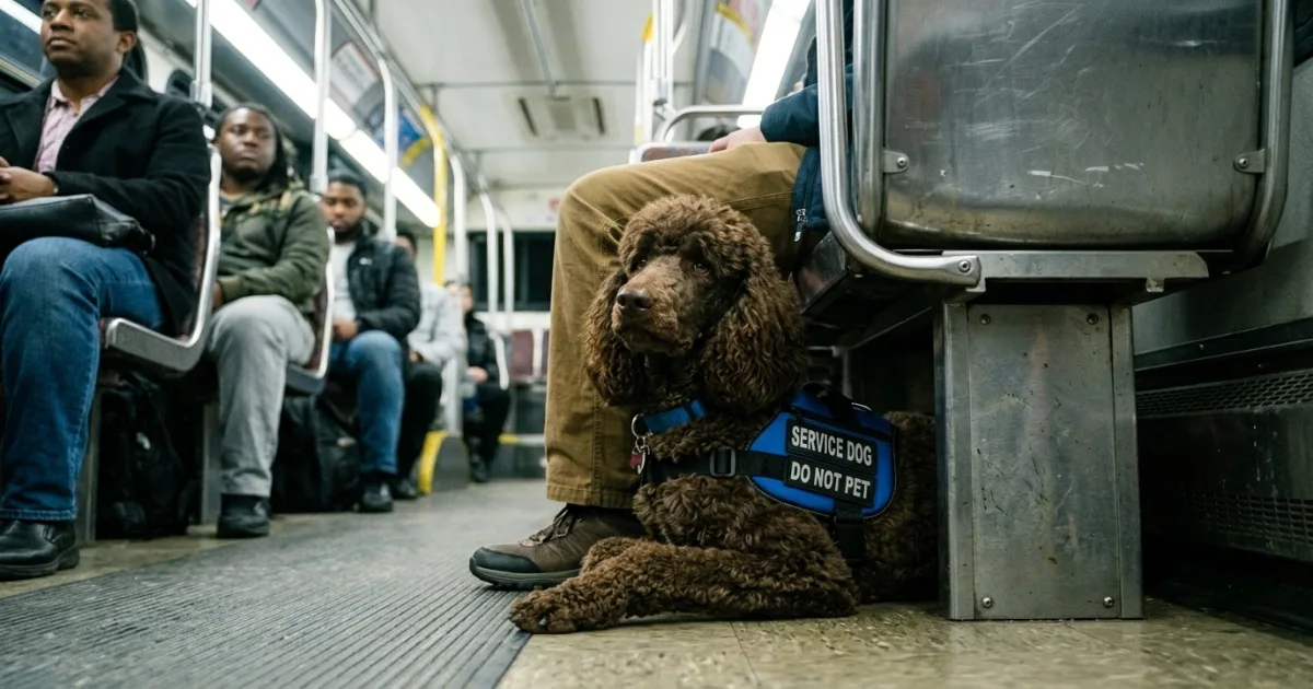 A brown Standard Poodle sitting under a bus seat wearing a blue service vest, watching handler calmly