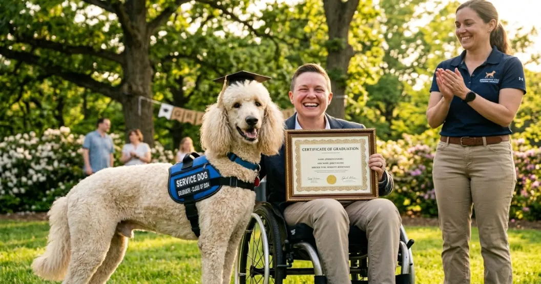 A black Standard Poodle wearing a service dog vest standing calmly beside a wheelchair in a library