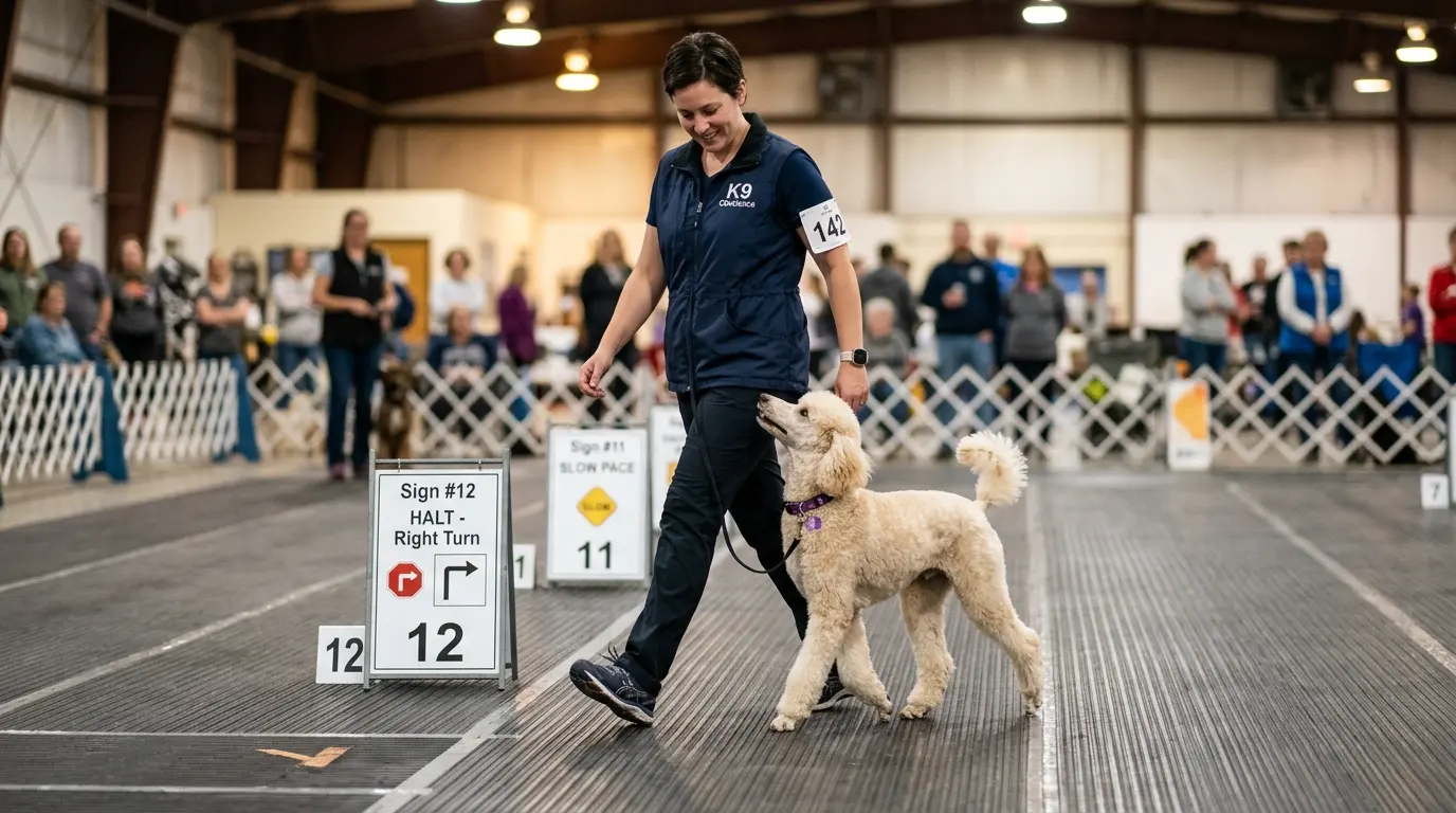 Standard Poodle navigating weave poles in agility competition