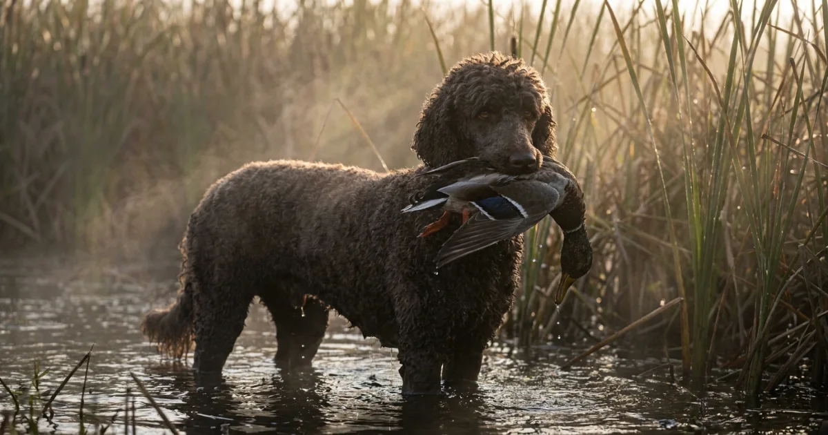 Standard Poodle retrieving a duck in calm water showing strong poodle hunting instinct