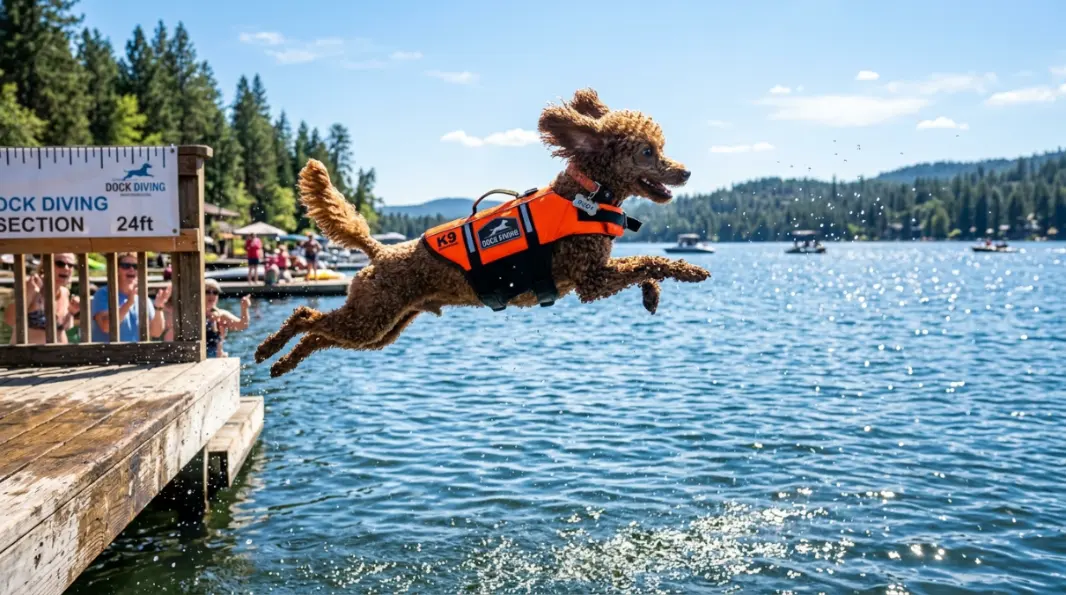 Miniature Poodle launching off a dock into water