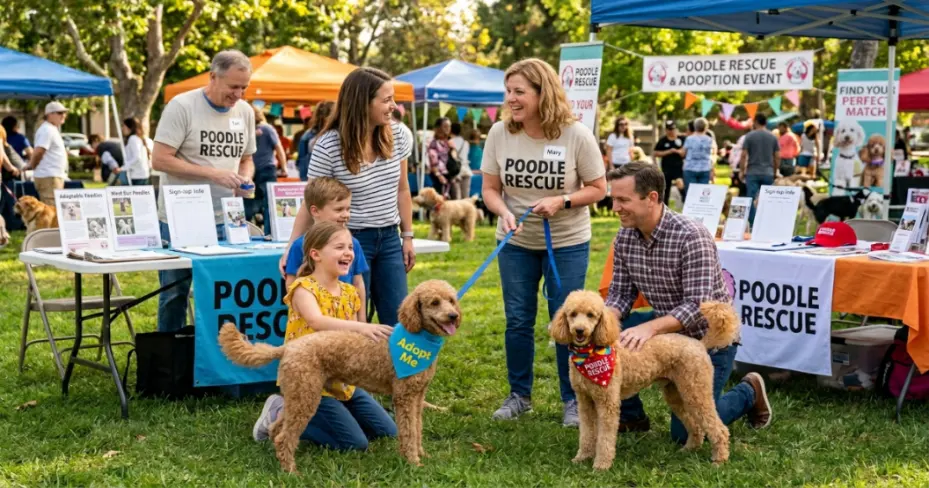 Poodle rescue volunteers at adoption event with miniature poodle meeting potential family