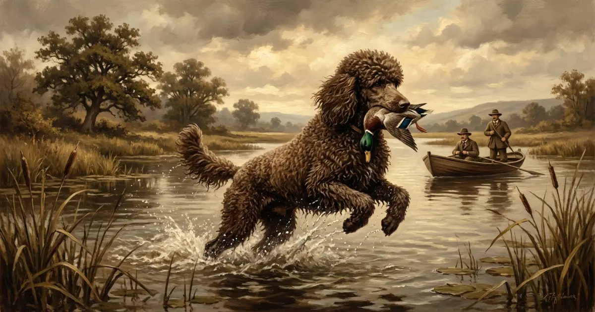 historical hunting poodle retrieving duck from water