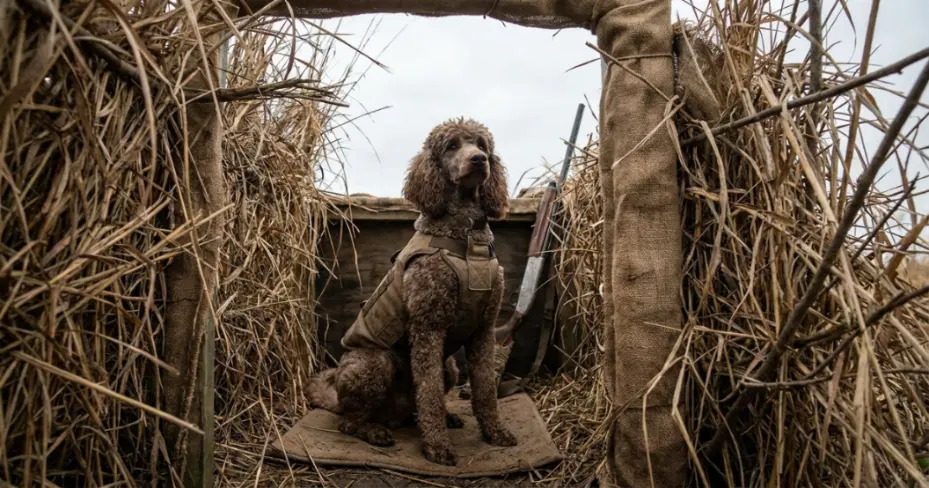 Standard poodle sitting steady in a hunting blind showing calm hunting instinct