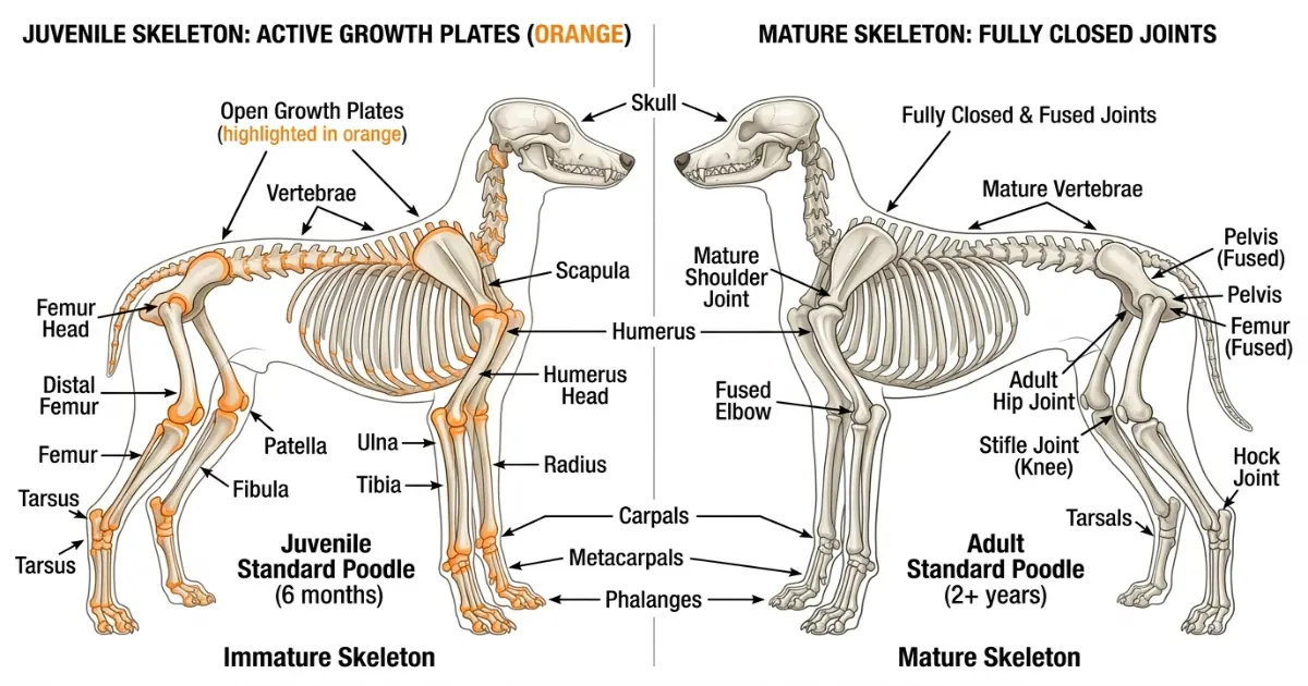 Toy Poodle wearing recovery suit after spay surgery resting in bed