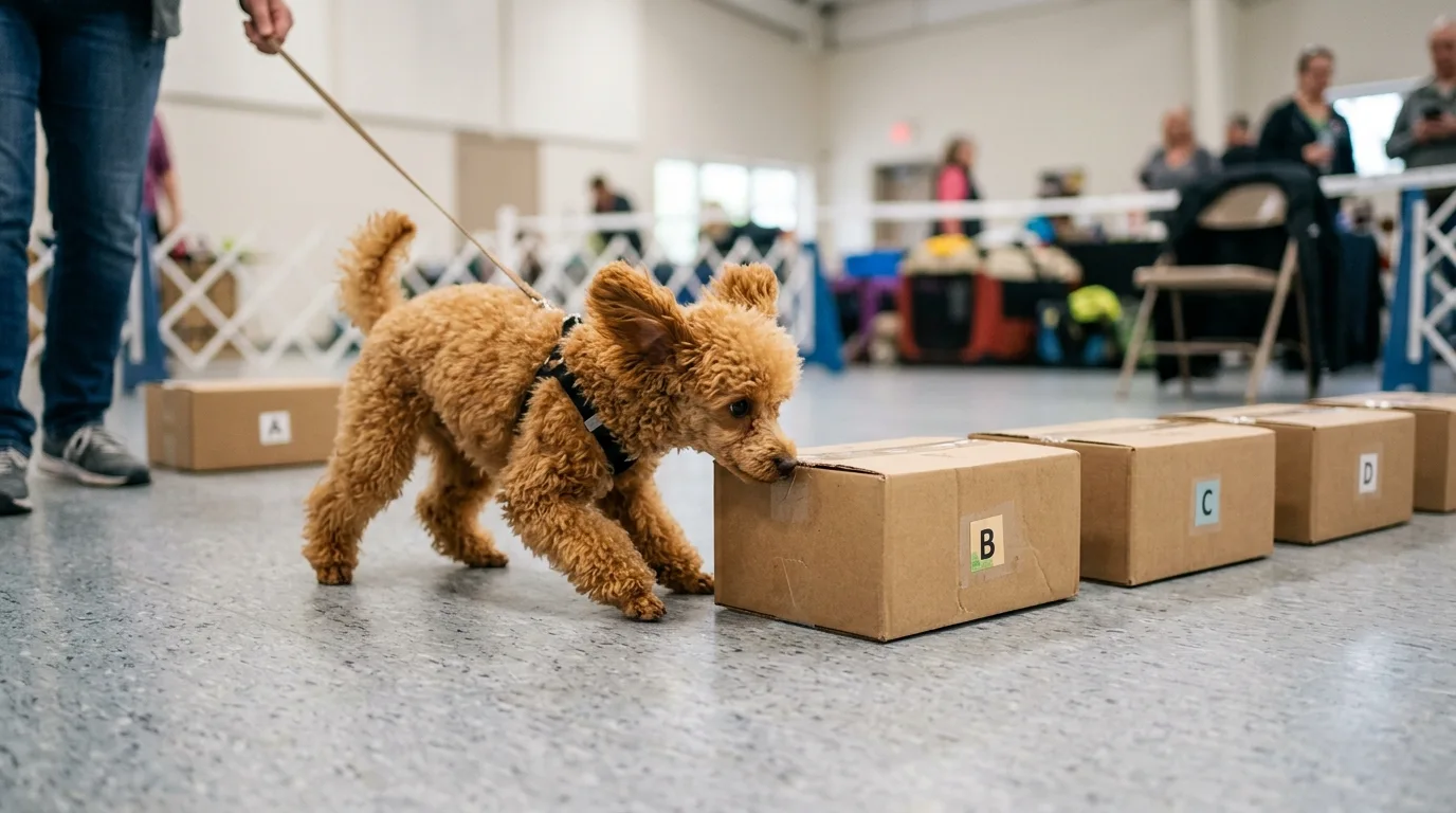 Toy Poodle searching a row of boxes in a scent work trial