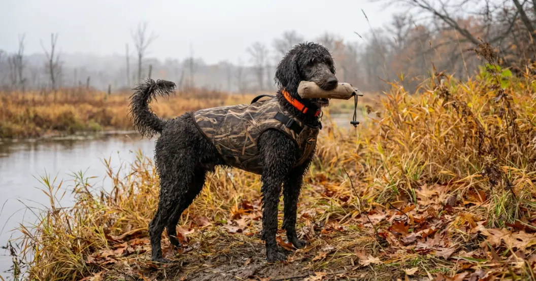 Standard Poodle wearing neoprene vest and orange collar during hunt test