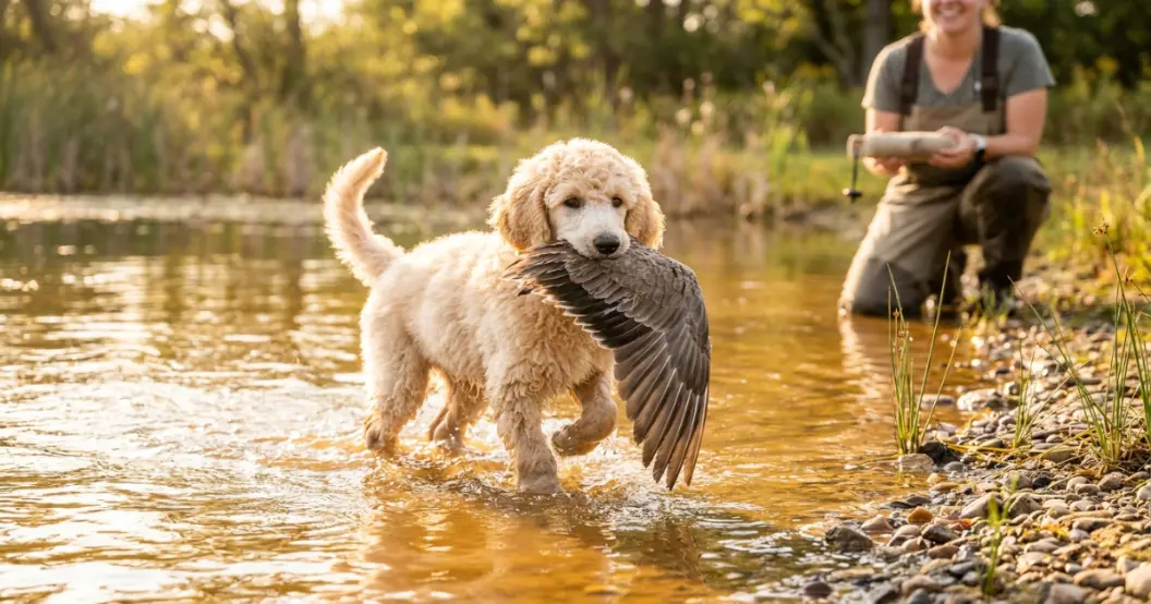 Trainer working on water retrieves with a young Standard Poodle