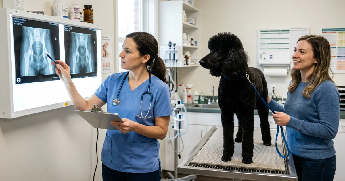 reputable poodle breeder with mother dog and puppies in clean home environment